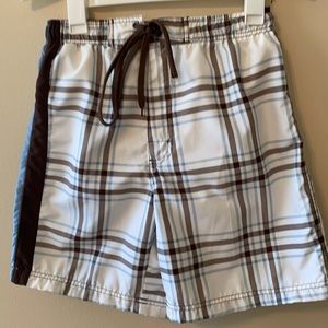 .Men’s swim shorts with lining brown and blue plaid